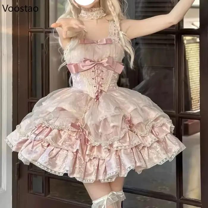 Robe japonaise douce et mignonne Lolita Jsk pour femmes, gothique Y2k, nœud en dentelle, volants, Mi