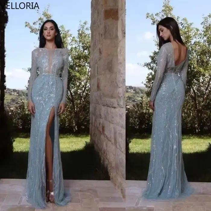 Robe De soirée élégante et Sexy, paillettes, col rond, fente haute, manches longues, robe De bal, pe