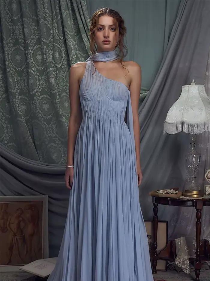 LORIE – robe de soirée trapèze bleue, asymétrique épaule dénudée, écharpe plissée, sans bretelles, é