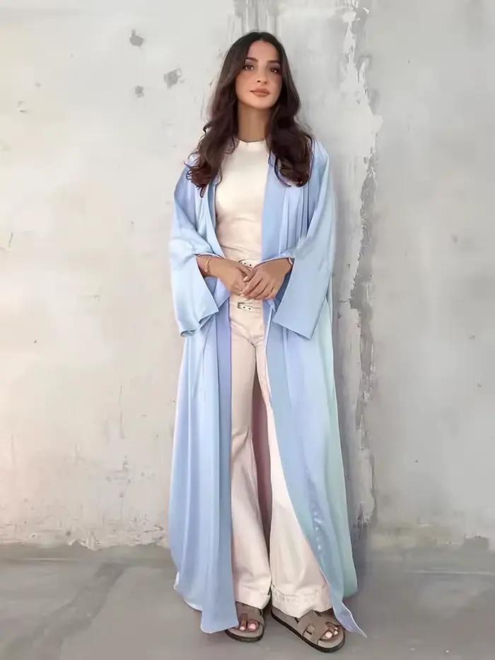 Abaya-Kimono en satin rose pour femmes, robe musulmane de luxe, caftan kebaya, caftan marocain