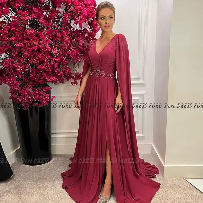 Robe mère de la mariée bordeaux avec longue cape, fendue, robe d'invité de mariage, appliques de per