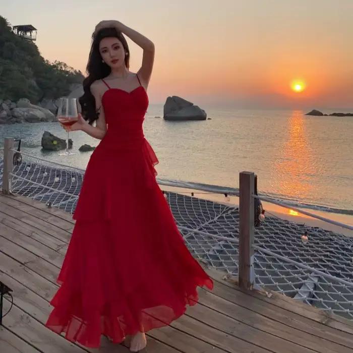 Robe longue à volants en tulle à bretelles spaghetti pour femmes, col en V, maille, dos nu, club sex