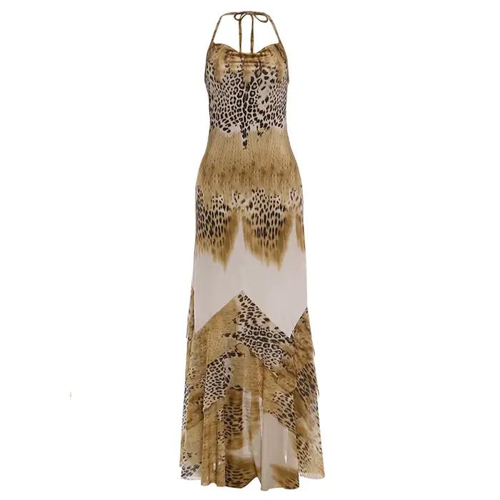 Robe longue sexy Kliou pour femme, imprimé léopard, dos nu, sans manches, taille cintrée, ourlet à v