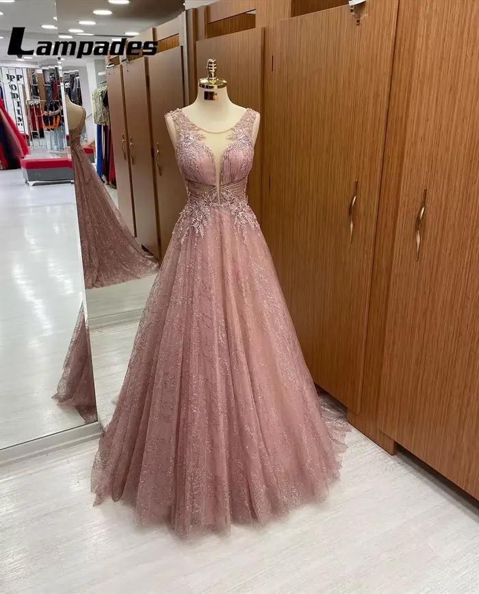 Robe de bal personnalisée en dentelle corail, coupe trapèze, avec col en V et manches, pour événemen