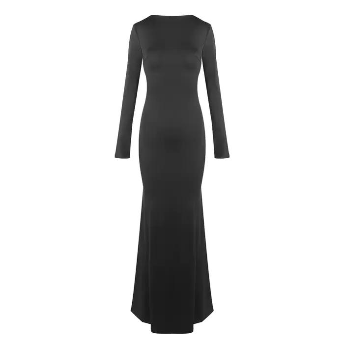 Robe longue noire élégante dos nu pour femme – Robe de soirée formelle découpée à manches longues et