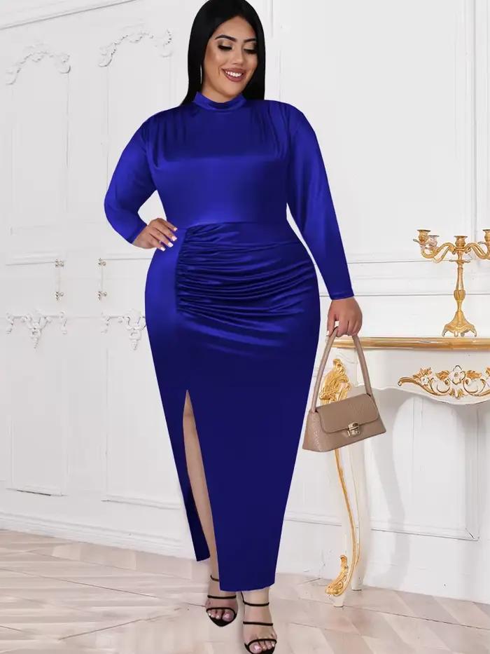 Femmes Robes en Satin soirée plissée longue élégante Maxi Robes femme plis fente col haut à manches 