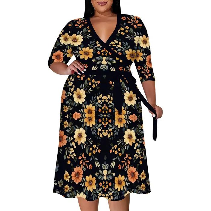 Robes grande taille pour femmes courbées, manches 3/4, col en V, robe mi-longue imprimée, robes de t