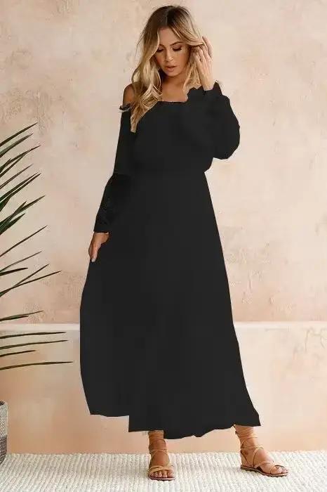 Robe trapèze à manches longues pour femmes, robe de soirée élégante, col slash, dentelle plissée, vo
