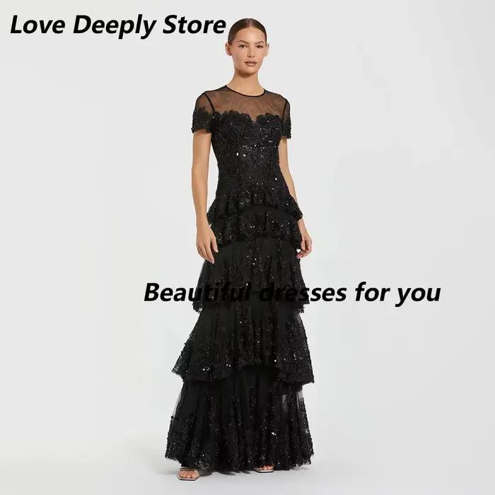 Robe de soirée noire, col rond, ligne A, avec des appliques en dentelle, à plusieurs niveaux, manche