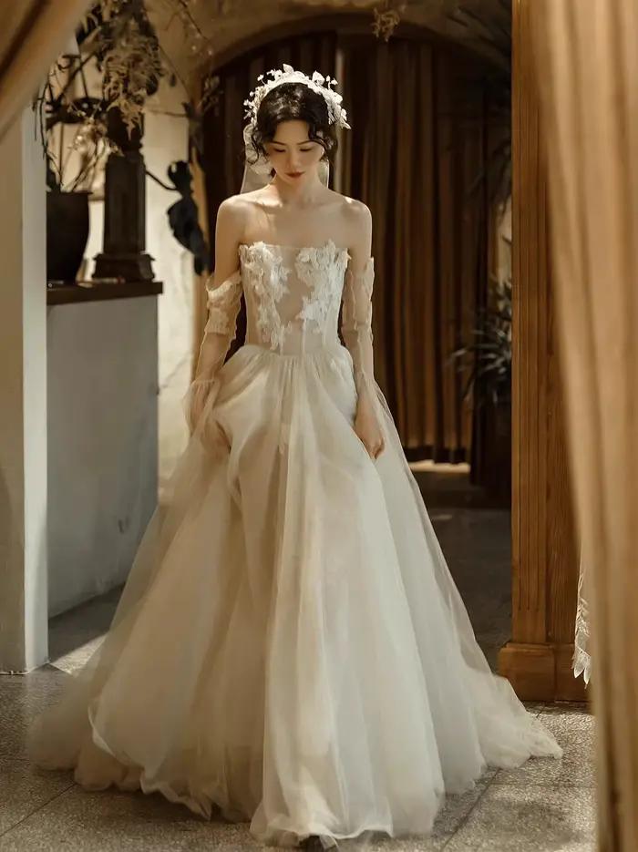 Robe de mariée légère en dentelle française, sensation haut de gamme, sans bretelles, Style forêt, d