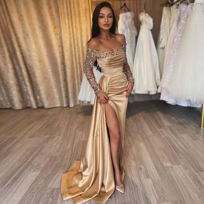 Robes de soirée de luxe 2025 robe fourreau/colonne en Satin robe de célébrité Champagne épaules dénu