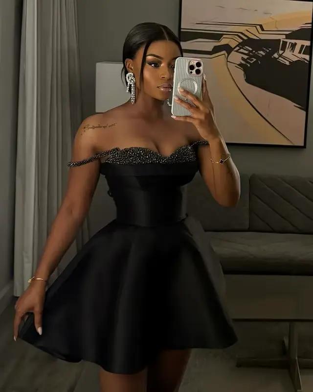 Robes de Cocktail noires pour filles, robes de fête d'anniversaire, perles en cœur doux, robe de ren