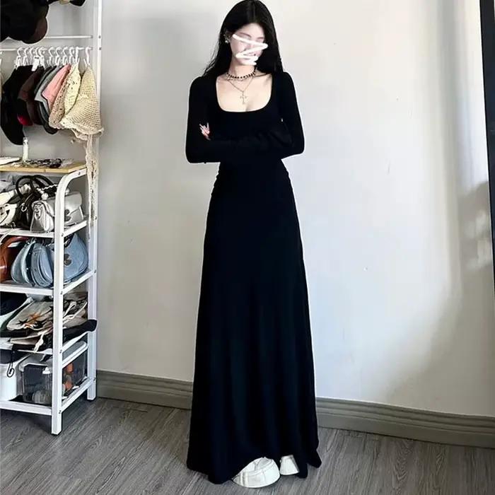 Robe longue noire à manches longues pour femmes, robes Maxi, tempérament amincissant, mode coréenne,