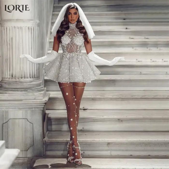 LORIE-Robe de Mariée en Dentelle Pailletée, Coupe Trapèze, Longueur Genou, Col Haut, Patients Appliq