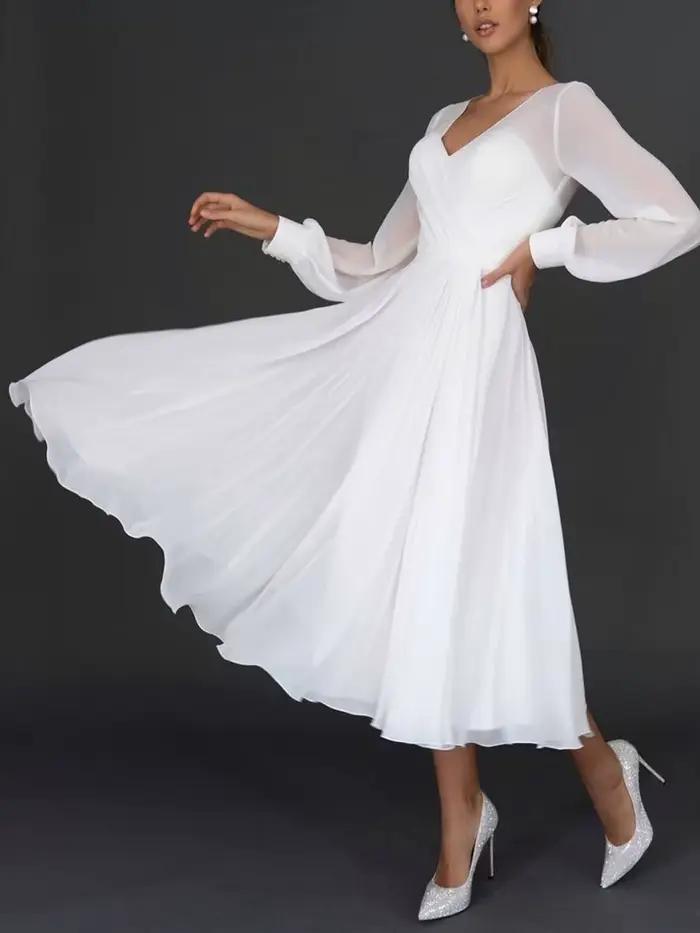 Robe longue de mariage pour femmes, col en V, Sexy, manches longues, taille haute, couleur unie, lig