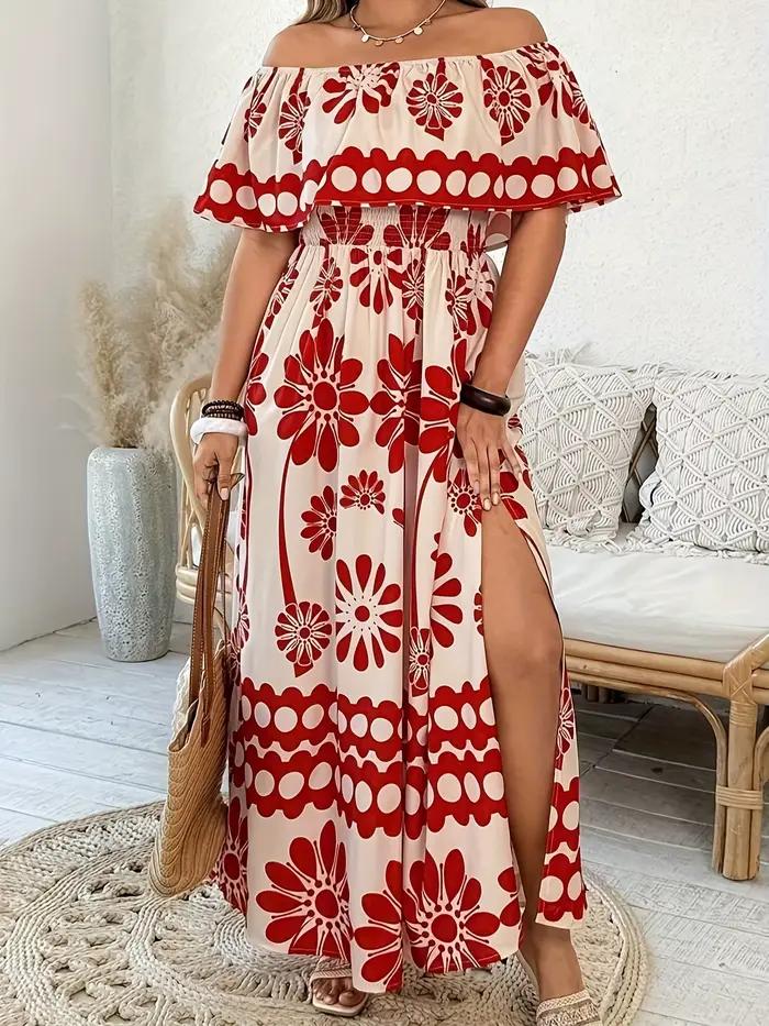 Robe grande taille pour femmes, épaules dénudées, tenue de soirée romantique, élégante, imprimée, St