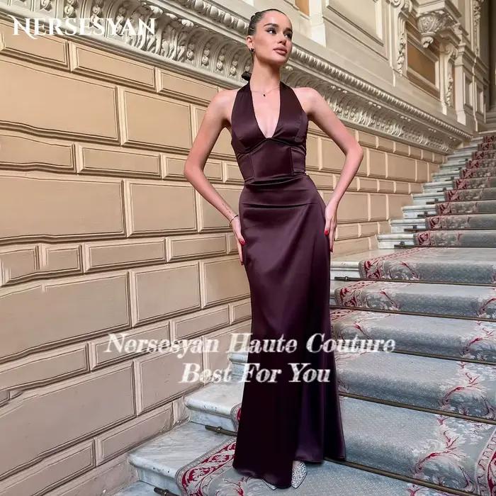 Nersesyan – robe de soirée sirène bordeaux, épaules dénudées, robe formelle en Satin, col licou, rob