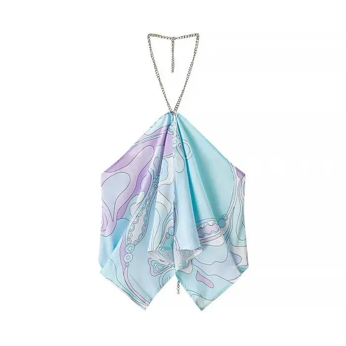 Haut court chic en satin bleu imprimé, dos nu, style licou, sans manches, épaules dénudées, coupe ir