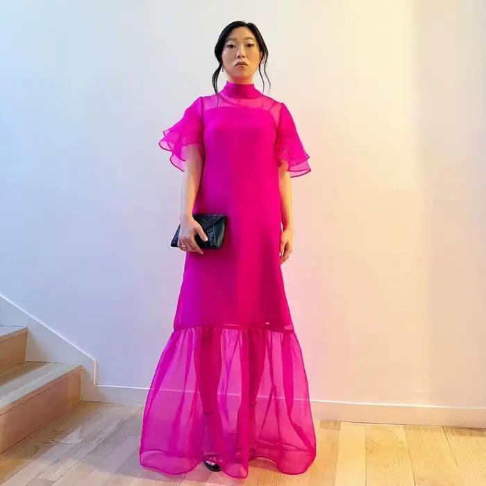Couture Po-Robe Longue Trapèze à Manches Courtes pour Femme, Modeste, Col Haut, en Organza, Formelle