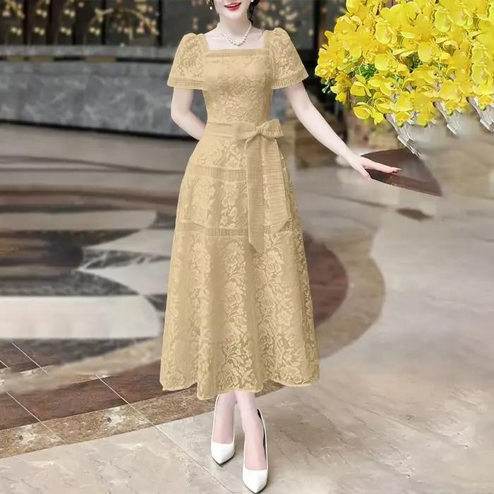 ZANZEA élégant dentelle longues robes femmes taille arc fête Robe d'été 2025 Sexy col carré à manche