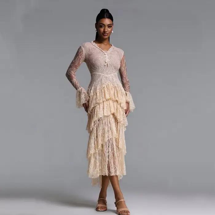 Robes de soirée formelles en dentelle personnalisées, col en V, manches évasées, robes mi-longues à 