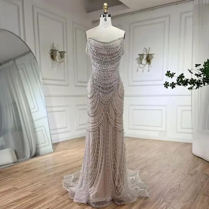 Dubaï blanc nu épaules dénudées sirène robes de soirée de luxe robes perles perlées pour la fête 202