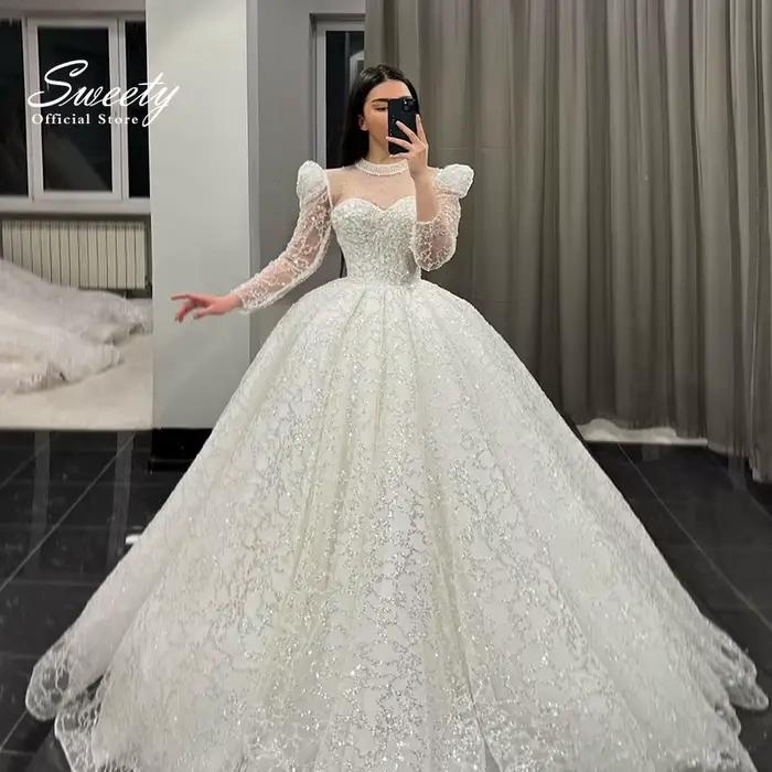 Robe de Mariée en Organza à Paillettes Brodées, Tenue de Bal à Manches sulf, Col Haut, lèvent, Perso