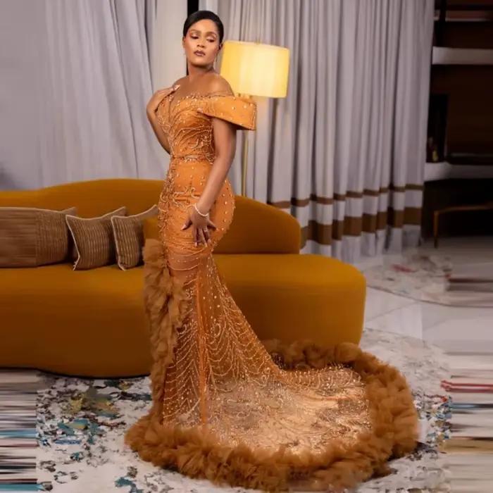 Aso Ebi robes de soirée formelles dentelle perlée personnalisé Corset robes de bal longue sirène rob