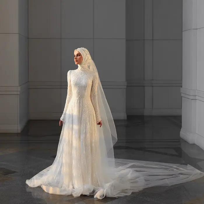 Robes de mariée musulmanes de luxe avec hijab, col haut, manches longues, coupe trapèze, robe de mar