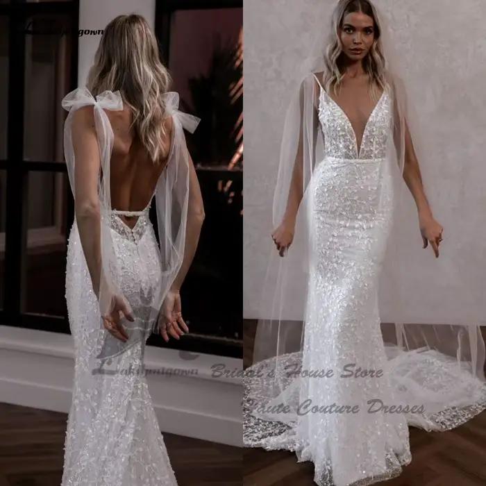 Lakshmigown luxe perle dentelle Boho plage robes de mariée dos nu 2025 robes Sexy sirène robes de ma