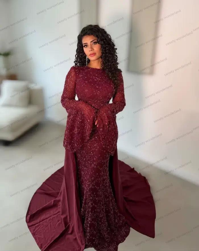Robes de soirée bordeaux en dentelle et sequins avec traîne détachable, manches longues, robe de bal