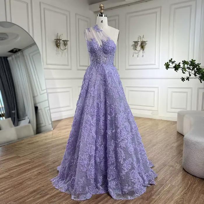 Robe de bal de luxe pour femmes, asymétrique épaule dénudée, ligne a, avec des Appliques en dentelle