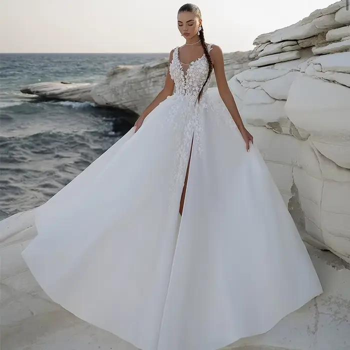 Robe De mariée romantique en Organza avec broderie, robe De bal fendue, ligne a, col en v, sans manc