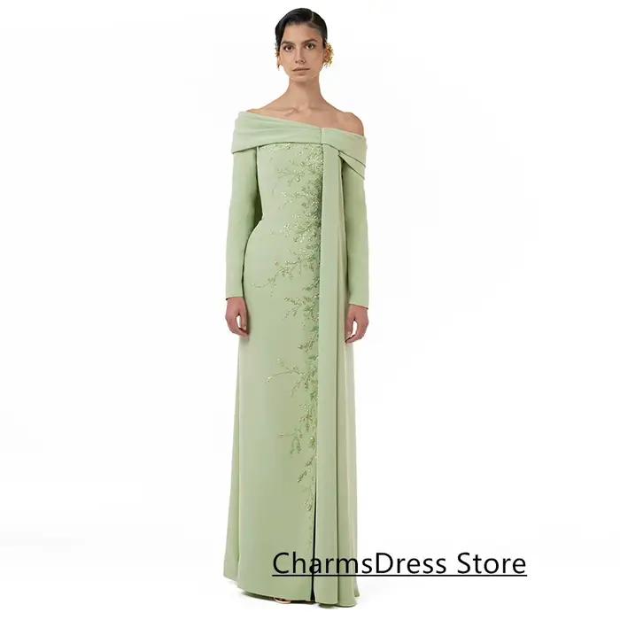 Robe De soirée à la mode, personnalisée, épaules dénudées, manches longues, perles, paillettes, long