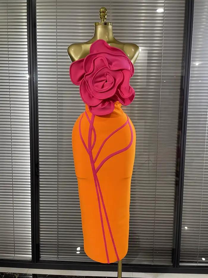 Robe longue moulante orange pour femme, ornée de grands motifs floraux et de strass brillants, idéal