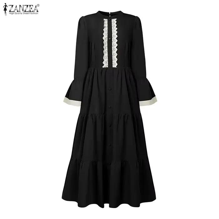 Robe longue modeste musulmane ZANZEA pour femme, avec hijab, col montant, patchwork en dentelle, man