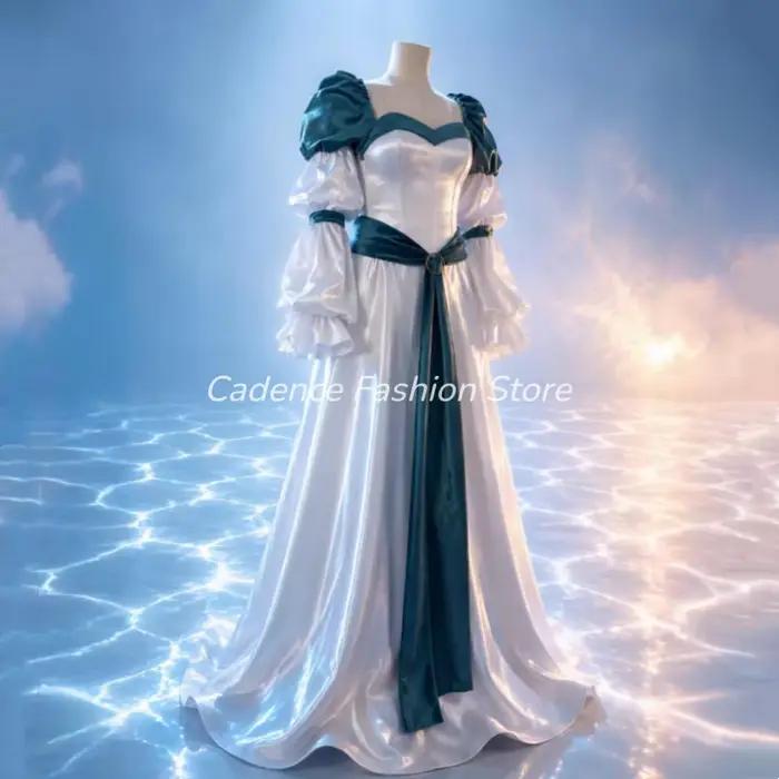 Robe de soirée classique médiévale blanche en satin scintillant à manches lanternes, coupe trapèze a