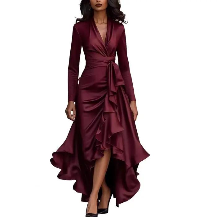 Robe de soirée 2026 pour femme, manches longues, col en V, taille haute, coupe ajustée, volants, cou