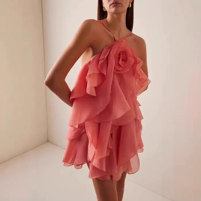 Robe pour femmes, jupe courte Sexy, col suspendu, bretelles florales tridimensionnelles, sans manche