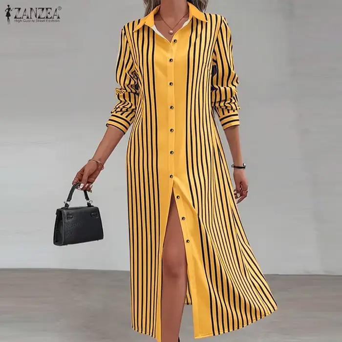Robes longues élégantes à col rabattu pour femmes, à rayures contrastées, manches longues, boutonnée