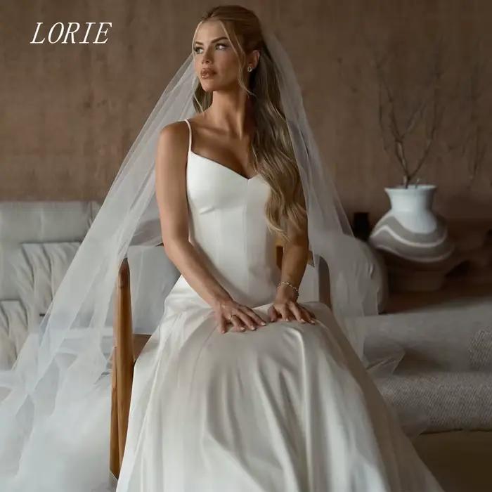 Robe de mariée civile de luxe LORIE, coupe trapèze, style Gala, décolleté cœur, bretelles spaghetti,