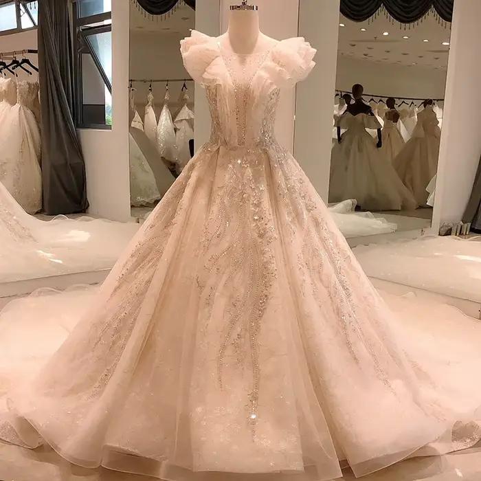 SL5604-Robe de Mariée Personnalisée avec Manches à Volants, Dentelle Vintage de Luxe, Paillettes Per