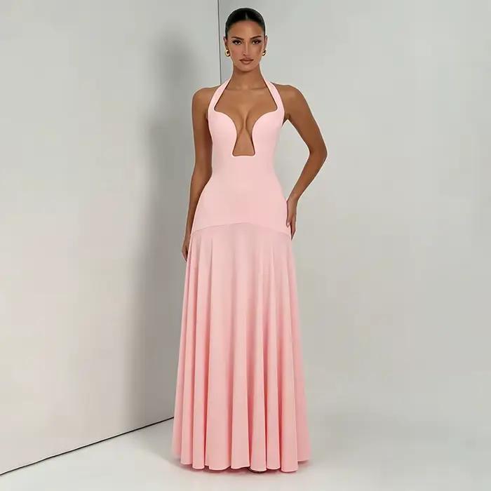 FLARORA Robe longue élégante froncée pour femme, sexy, col halter, décolleté plongeant, épaules dénu