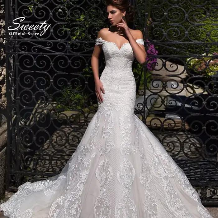 Robe de Mariée Sirène Élégante en Dentelle Brodée sur Filet, avec Ligne Fine, Col Bateau, à Lacets, 
