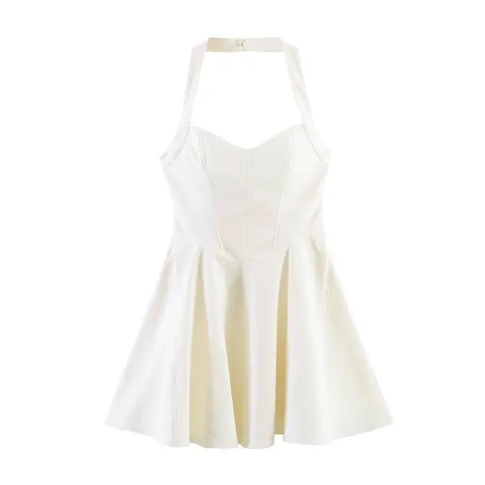 Robe courte dos nu à col halter, design évasé, simple et élégante, couleur unie, sans manches, nouve