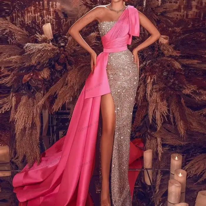Robes de soirée vintage en satin, robe de bal avec perles et appliques, sans manches, fente haute, ف