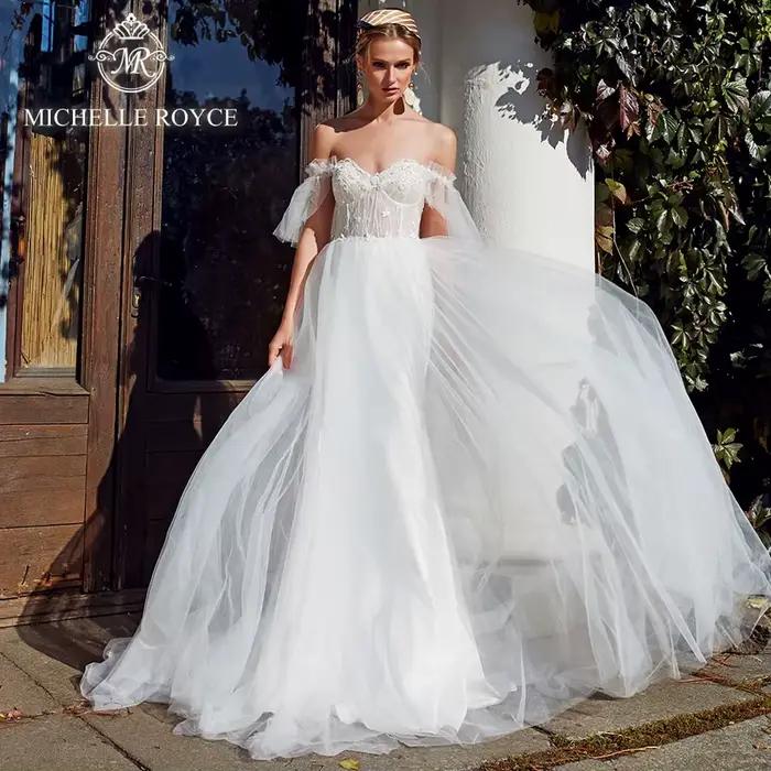 Michelle Royce-Robes de mariée dos nu à lacets 2 en 1, col bateau sexy, train court en dentelle, ché