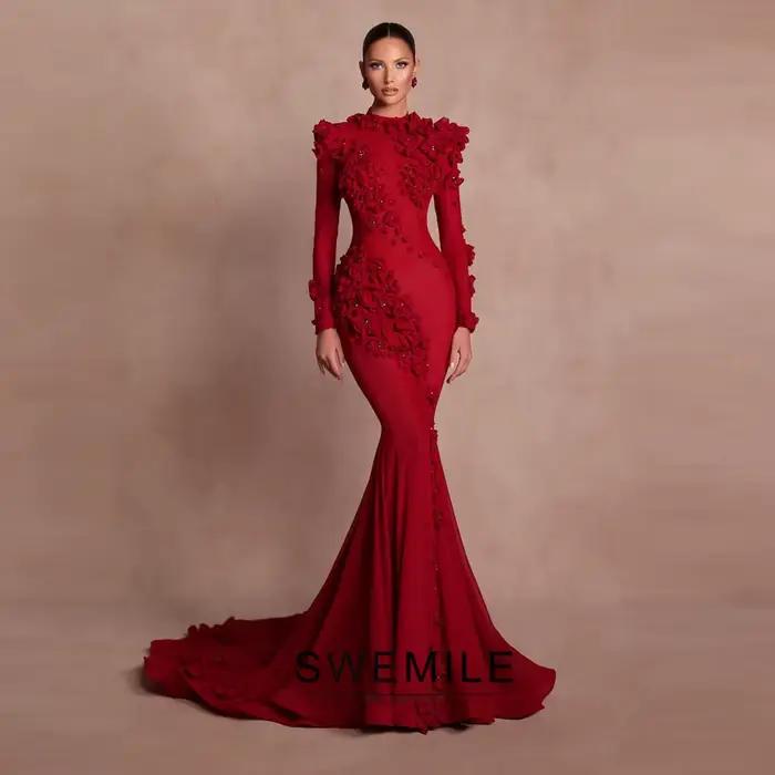 Robes de bal en crêpe rouge à col rond 2026 avec appliques élégantes, robe de soirée sirène dos nu à