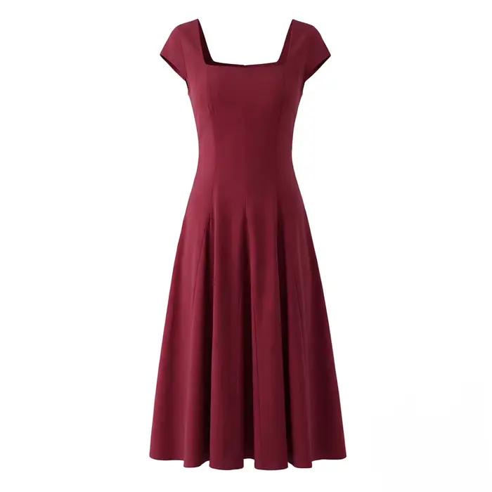 Robe longue élégante de style français, cintrée à la taille avec ceinture, pour soirée, en coton et 