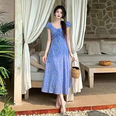 Robe française d'été pour vacances côtières, robe longue florale pour femmes, nouvelle collection 20